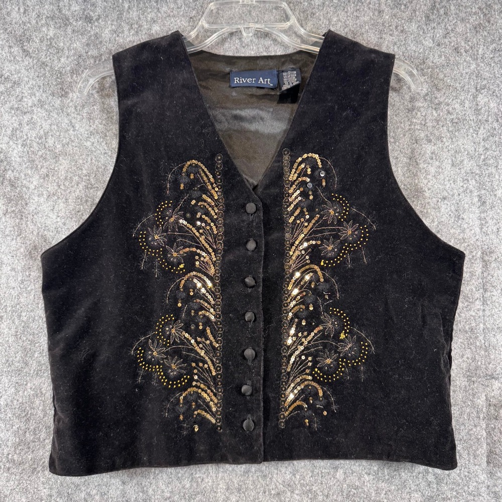 Vtg Velveteen Vest Womens Large Sequin Embroidered Boho Black Whimsigoth Velvet